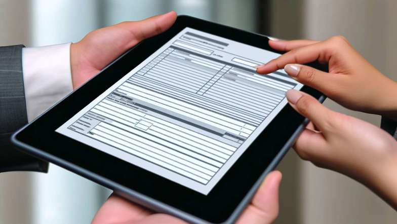 Hands holding a tablet with a PDF form open