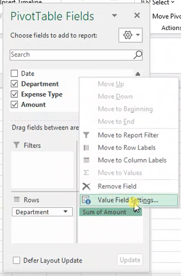 value field settings