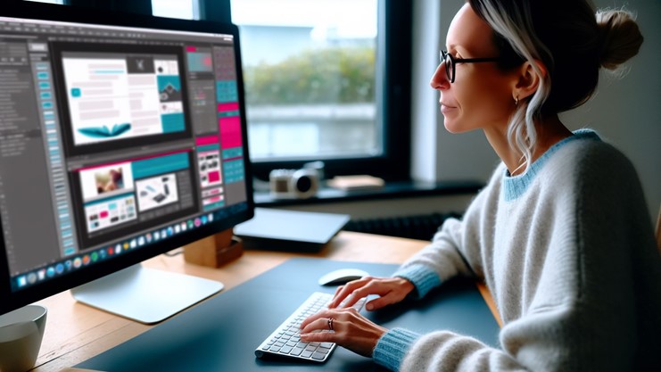 A person using Adobe InDesign on a computer to create interactive documents