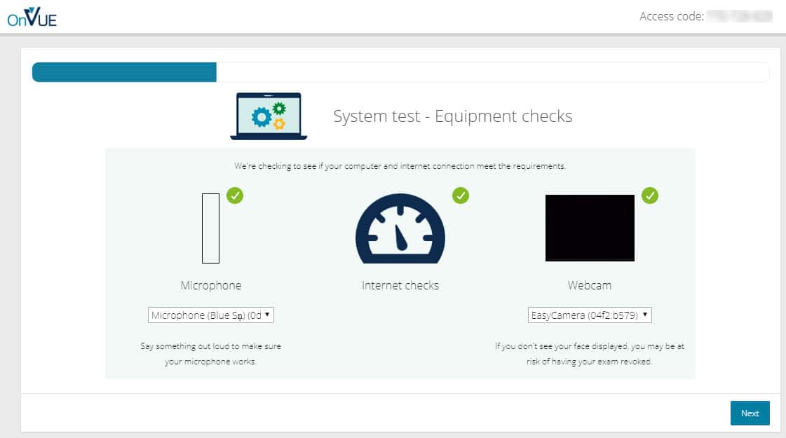 OnVue System Test of microphone, internet connection and webcam