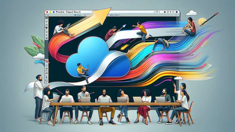 A creative illustration of team collaboration using Photoshop's cloud documents and version history