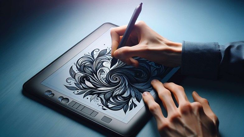 Illustration of a hand using the pen tool in Adobe Illustrator