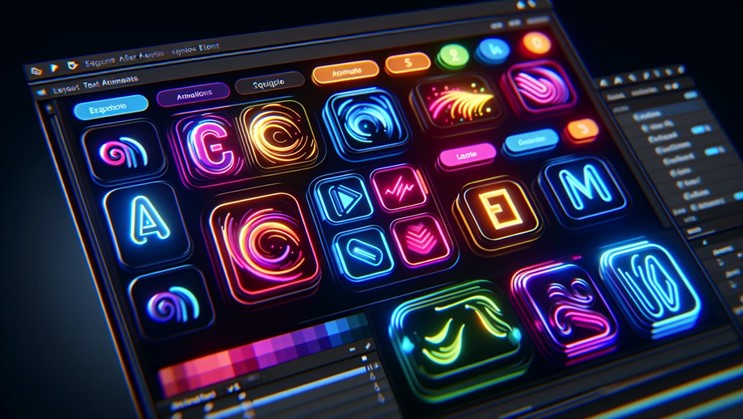 A collection of colorful and dynamic text animation presets displayed in a presets panel.