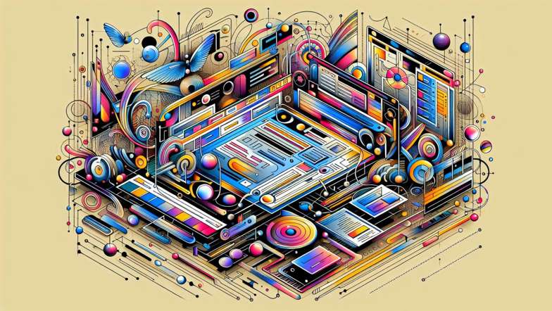 A colorful digital illustration of a web design layout created using Adobe Photoshop