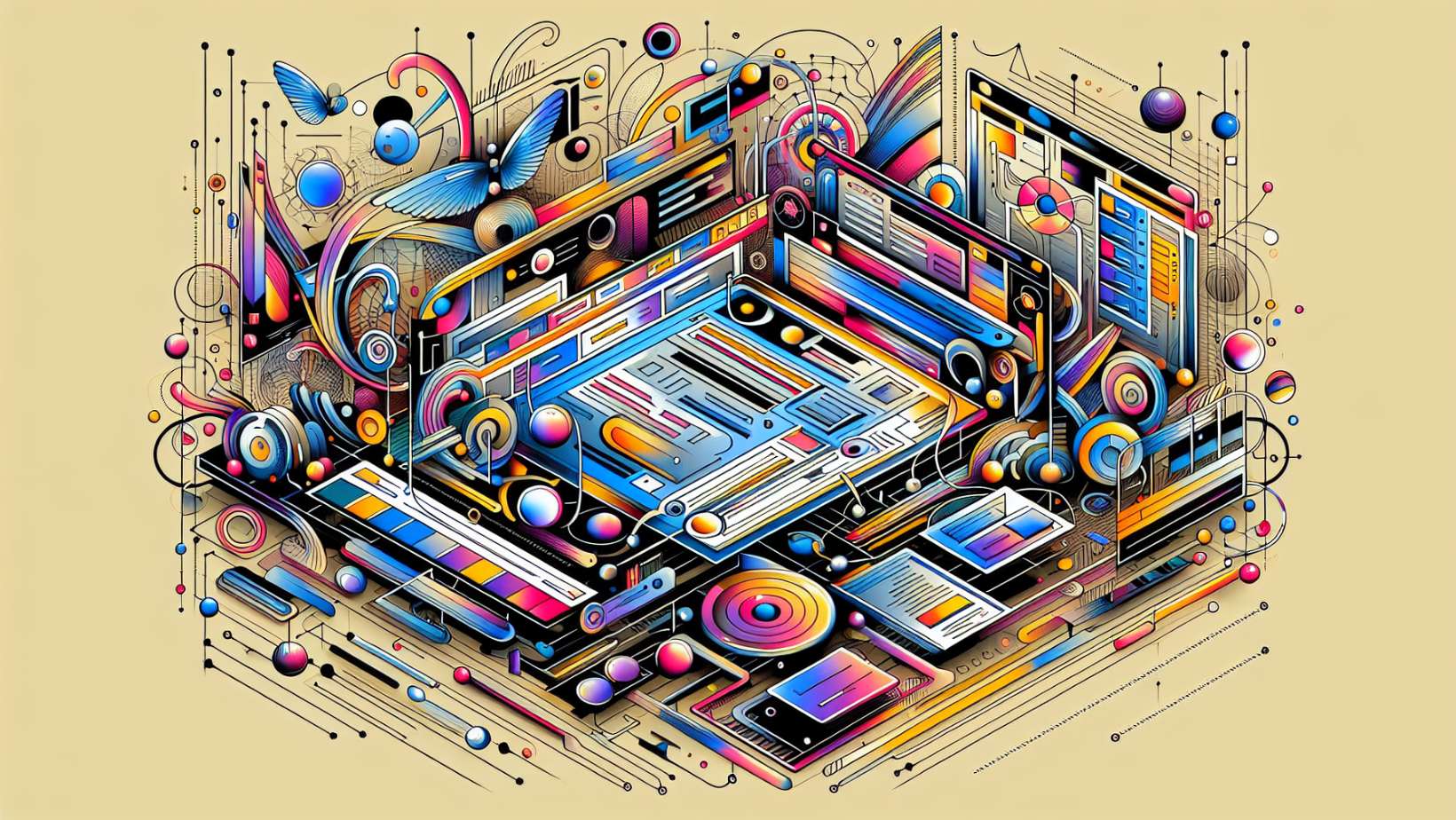 A colorful digital illustration of a web design layout created using Adobe Photoshop